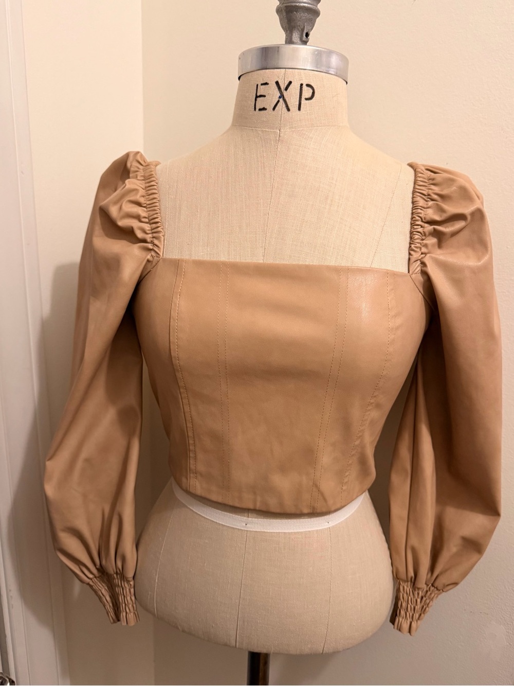 7 For All Mankind Square Neck Puff Sleeve Vegan Leather Top in Camel